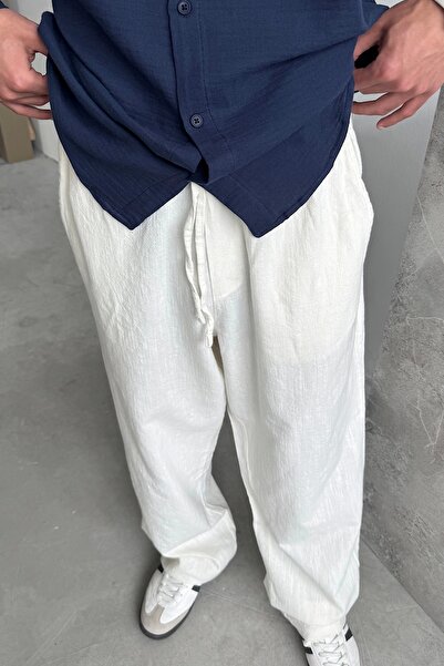 yung Beyaz Baggy Keten Pantolon