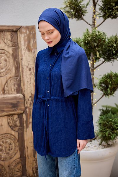 LOCCO Γυναικείο πουκάμισο με κορδόνι στη μέση Navy Blue