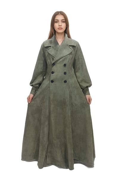 Generic Olive green jacket style abaya featuring a large collar and six front buttons.