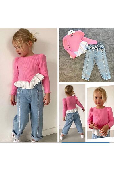 Kokosh kidss Girl's Ruffle Detailed Blouse and Jean Set