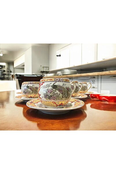 Kosova Vintage Tavuz Kuşu Desenli Porselen Fincan Takımı (6 Kişilik)