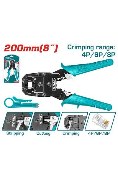 TOTAL Crimper, Stripper, Cut Modular Plug Crimper, Length: 8", Unique Design PVC Handle