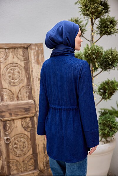 LOCCO Navy Blue Women's Waist Shirred Shirt