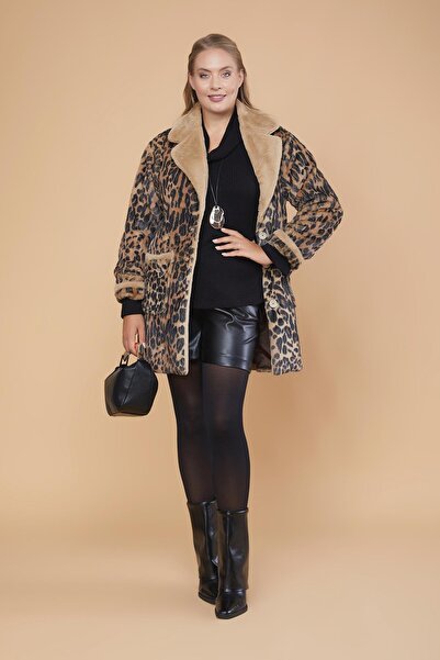 BUTİKZEYNEP Kürk Yaka Leopar Desenli Kaban