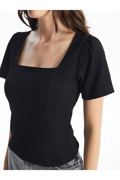 LC Waikiki Izr New Season Square Neck Plain Short Sleeve Crop Women's Blouse