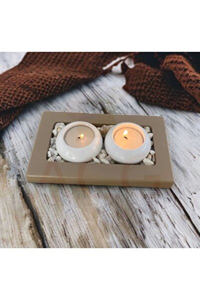 muffag 3'lü Set Kırık Beyaz Renk Boyanabilir Dekoratif Tepsili Tealight Mumlu...