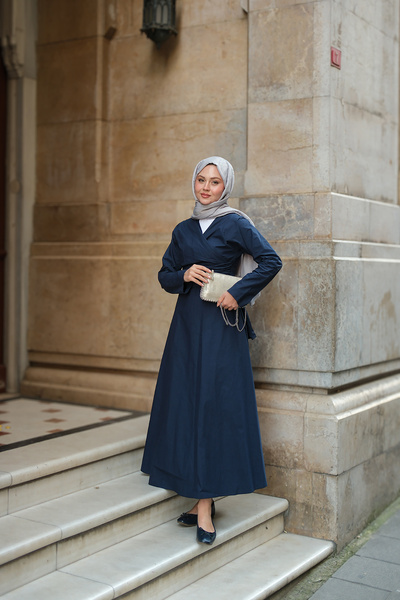 LOCCO Жіноча сукня з попліну, що зав'язується на талії, темно-синя