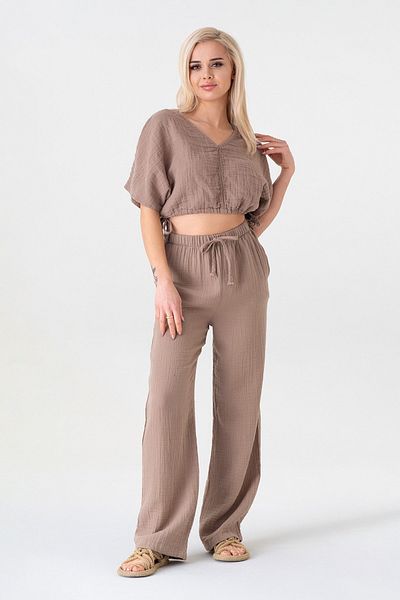 Fashion Showcase Muslin 100% Natural Cotton Elastic Waist Wide Leg Trousers - Mink