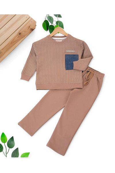 VOY KİDS Boy's Narrow-Fit 4-5-6-7-8-9-10-11-Year-Old Striped Jeans Pocket Seasonal Suit