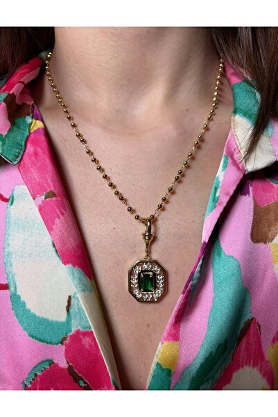 mysteriajewelry Yeşil Taş Detaylı Dorika Zincir Serenay Kolye 14 K