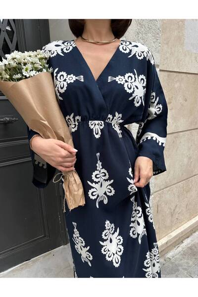 Lusin Γυναικείο μακρύ καλοκαιρινό φόρεμα με μπλέ μπλέ με λεπτομέρεια με μανίκια με διπλό γιακά