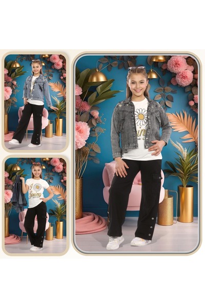 ASSAF Stylish Cotton Girl's Set Denim Print Jacket & Short-Sleeved Blouse & Pants
