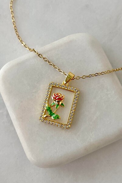 Lynare Stainless Steel Zircon Stone Rose Figured Steel Frame Necklace Gold
