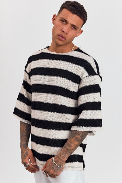 MADZEYMODA Μπλουζάκι Oversize Ecru-Black Knitwear LS-37072