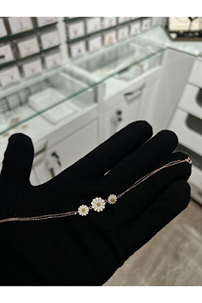 Papatya Silver Üç Papatya Süzme Bileklik Sarı Nano Zirkon Taşlı Mineli 925 Ayar Gümüş.rose.gold.rodaj