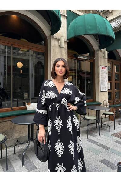 Lusin Γυναικείο μακρύ καλοκαιρινό φόρεμα με μαύρο σχιστό λεπτομερές μανίκι με διπλό γιακά