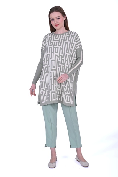 Invee İNVEE 6872 Labirent Desen Triko Tunik - Çağla