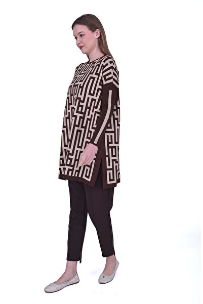 Invee 6872 Labirent Desen Triko Tunik - Kahve