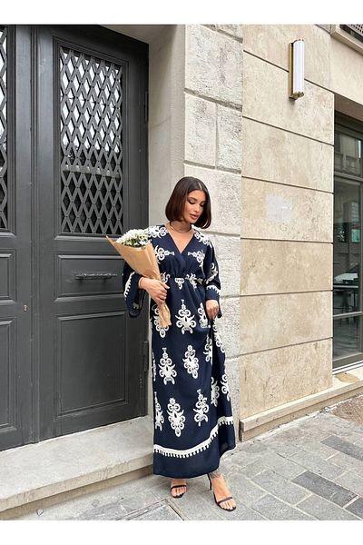 Lusin Rochie de vară lungă, albastru bleumarin, cu mâneci liliac, cu guler dublu