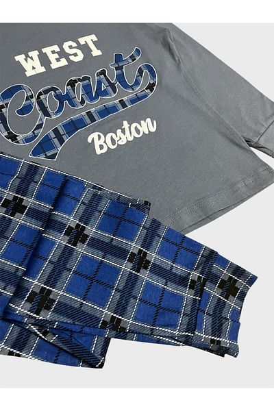 ALİŞ KİDS Set de pijamale sezoniere pentru băiat, 100% bumbac, culoare albastră afumată, cu model în carouri, cu mâneci lungi