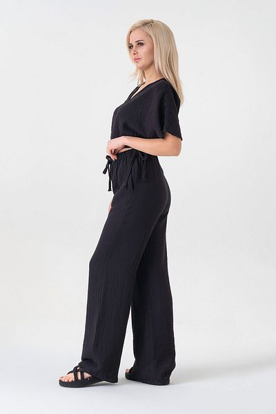 Fashion Showcase Muslin 100% Natural Cotton Elastic Waist Wide Leg Trousers - Black