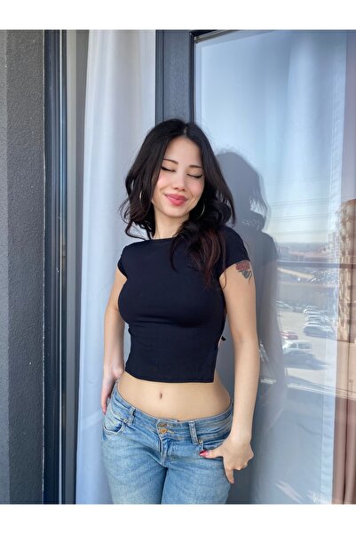mekabutik Siyah Bisiklet Yaka Sırt Ayarlı Dekolteli Crop