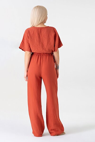 Fashion Showcase 100% Cotton Elastic Waist Wide Leg Trousers - Muslin Tile