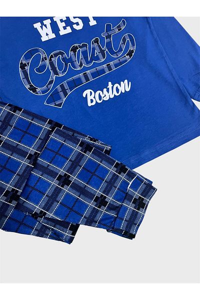 ALİŞ KİDS Set de pijamale sezoniere cu mâneci lungi de vară în carouri de culoare albastră pentru băiat