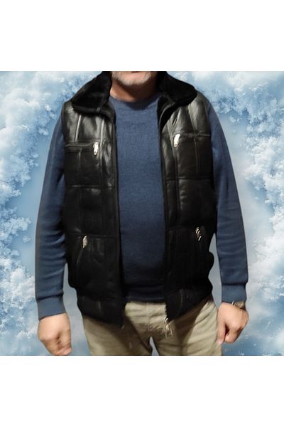 Samay Boutique Genuine Lambskin Men's Vest with Fur Inside and Collar Knitwear Detail