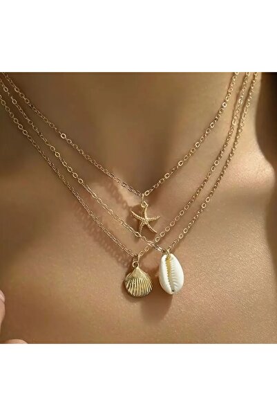 MYSTERY TAKI AKSESUAR Triple Ocean Design Chain Gold Necklace