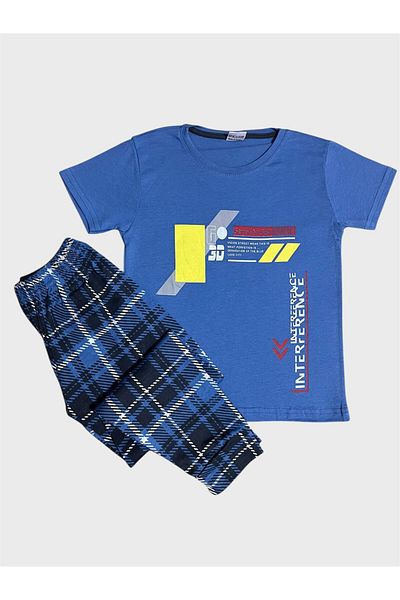 ALİŞ KİDS Pijama sezonieră cu mânecă scurtă, 100% bumbac, cu model în carouri, albastru