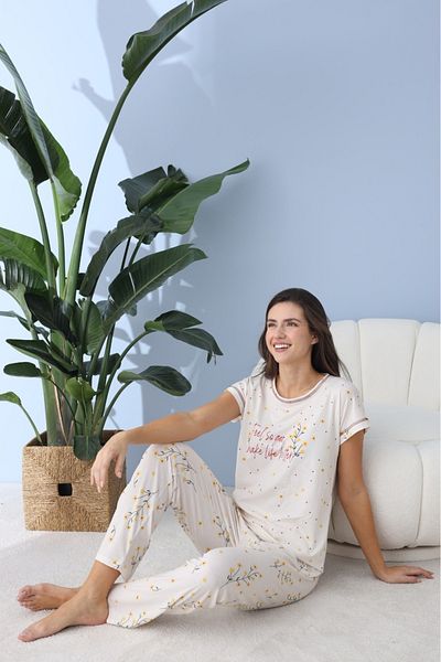 makkash Set de pijamale de damă cu mânecă scurtă cu imprimeu floral alb