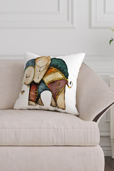 Pillow Home Ethnic Elephant Patterned White Background Digital Printed Decorative Set of 4 Throw Pillow Cases