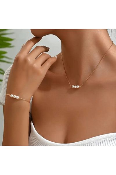 MYSTERY TAKI AKSESUAR Pearl Necklace Bracelet Chain Gold Set