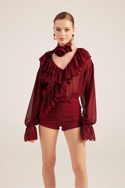 HOLLY LOLLY Chiffon Sassy Shirt with Ruffled Rose Choker Accessories Claret Red