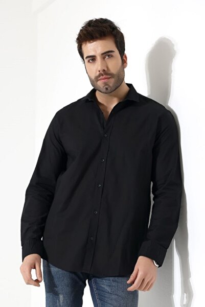 Peille Men's Plus Size Cotton Camel Fabric Black Color Shirt Without Pockets