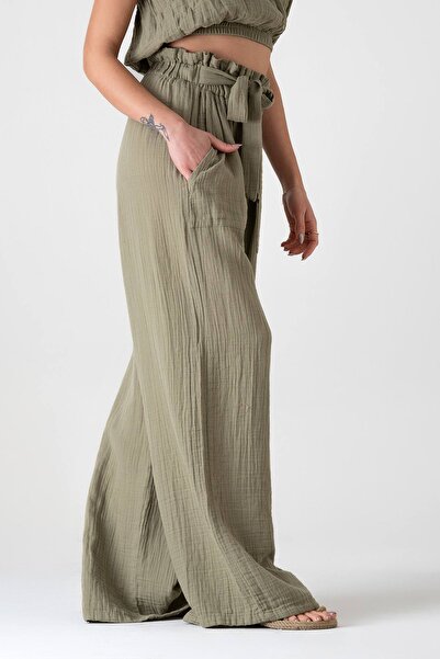 Fashion Showcase Muslin Fabric 100% Cotton High Waist Drawstring Detail Pocket Muslin Trousers - Green