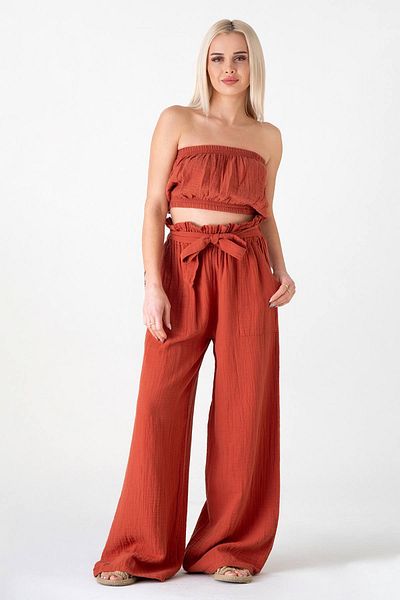 Fashion Showcase Muslin Fabric 100% Cotton High Waist Drawstring Detail Pocket Muslin Trousers - Tile
