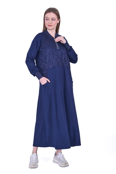 Invee Two Thread Dress with Lace Detail - Navy Blue