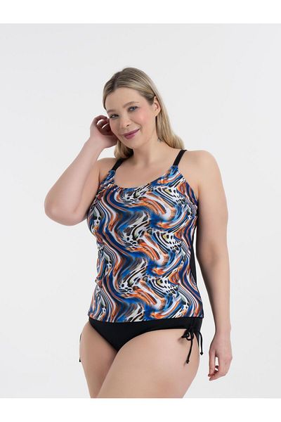 AQUAVİVA Aquaviva Women's Black Blue Orange Pattern Large Size Christiana Gathering Adjustable Strap Tankini