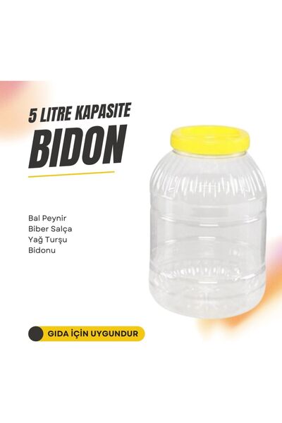 YENİ KOÇ PLASTİK 4 Adet - 5 Litre Sarı Kapak Şeffaf Gövde Turşu Bidonu - Salç...