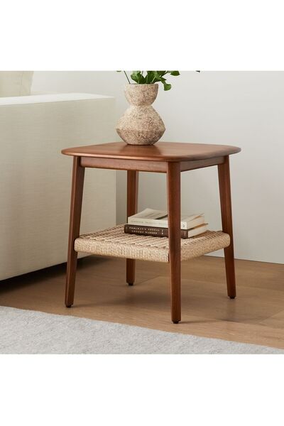 Generic Side Table 45x45x55cm - Classic-looking with Woven Shelf - Solid Acacia Wood Elegant Coffee Table