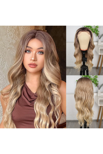 Mina Peruk Kumral Dore Sarı Ombre  ve Röfleli Fiber Sentetik Geniş Dalgalı Tü...
