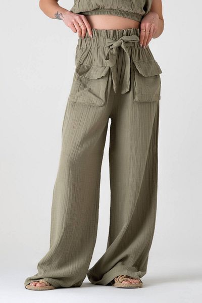 Fashion Showcase Țesătură de muselină 100% bumbac Pantaloni cu buzunar cargo în față cu talie înaltă - verde