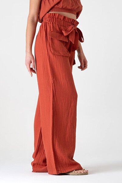 Fashion Showcase Muslin Fabric 100% Cotton High Waist Front Cargo Pocket Trousers - Tile