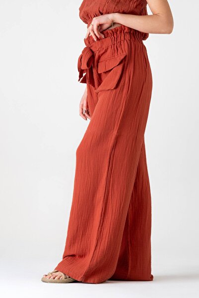 Fashion Showcase Muslin Fabric 100% Cotton High Waist Front Cargo Pocket Trousers - Tile