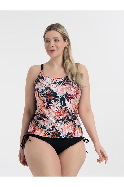 AQUAVİVA Aquaviva Women's Black Daisy Pattern Large Size Christiana Gathering Adjustable Strap Tankini