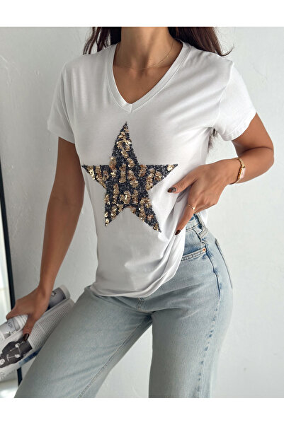 ERTULTEXTILE تي شيرت برقبة على شكل حرف V مزين بالترتر ومطرز بنمط نجمة 100% قطن