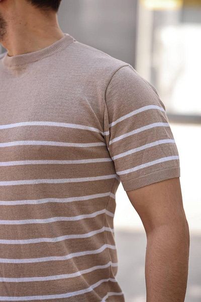 VİP LOKAL Μπεζ Ριγέ Βασικό Πλεκτό Τι T-Shirt