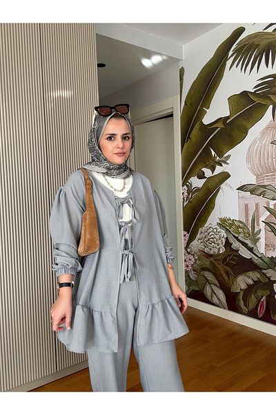 Aselim Hijap Moda Linen Cotton Frilly Kimona Set, Light Gray